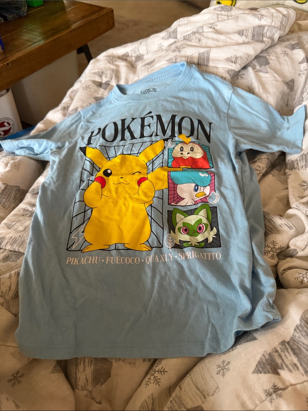 Pokemon Light Blue Tee with Yellow Pikachu & Multi-Character Print